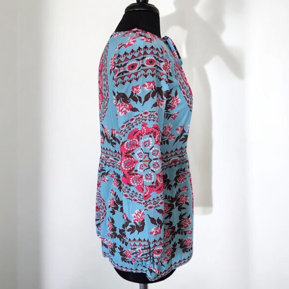 Blue Bohemian Print Tassel Tie V Neck Blouse - Picture 3 of 8